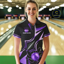 Load image into Gallery viewer, Woman wearing a black and purple bowling polo shirt front view, custom bowling league jersey for women.