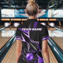 Load image into Gallery viewer, Back view of woman wearing a black and purple bowling polo shirt, custom bowling team jersey design.