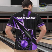 Load image into Gallery viewer, Back view of man wearing a black and purple quarter zip bowling shirt, bowling league team uniform.