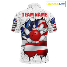 Load image into Gallery viewer, White grunge American flag bowling team polo shirt for men with distressed USA flag graphics.
