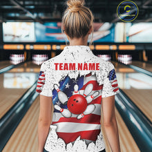 Load image into Gallery viewer, Back view of woman wearing a white grunge American flag bowling polo shirt, custom bowling team jersey design.