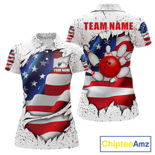 Load image into Gallery viewer, White grunge American flag custom bowling polo shirt for women, patriotic bowling team jersey for league tournaments.