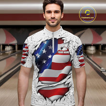 Load image into Gallery viewer, Man wearing a white grunge American flag quarter zip bowling shirt front view, personalized bowling team apparel.