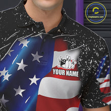 Load image into Gallery viewer, Close up of collar, chest and button details on a black grunge American flag men's bowling polo shirt.