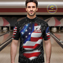 Load image into Gallery viewer, Man wearing a black grunge American flag quarter zip bowling shirt front view, personalized bowling team apparel.