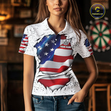 Load image into Gallery viewer, Woman wearing a white grunge American flag darts jersey front view, personalized patriotic darts team shirt.