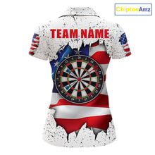 Load image into Gallery viewer, White grunge American flag darts team polo shirt for women with distressed USA flag graphics.