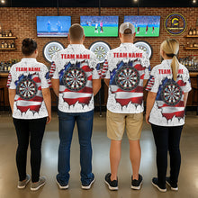 Load image into Gallery viewer, Back view of darts team wearing matching white grunge American flag darts shirts.