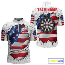 Load image into Gallery viewer, White grunge American flag quarter zip darts shirt for men, custom darts team jersey and tournament apparel.