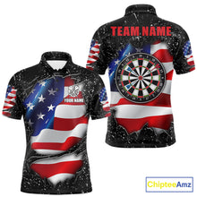 Load image into Gallery viewer, Black grunge American flag custom darts polo shirt for men, patriotic darts team jersey for league tournaments.