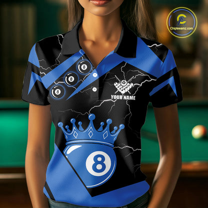 Black And Blue 8 Ball Crown Lightning Women's Billiard Shirt Custom Pool Team Jersey Polo & 1/4 Zip TDM5311