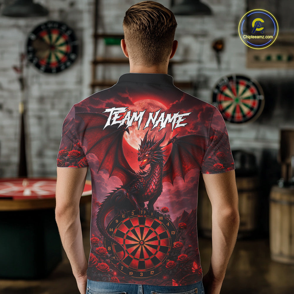 Black And Red Dartboard Roses And Dragon Darts Polo & 1/4 Zip Custom Men's Darts Team Jersey TDM5802