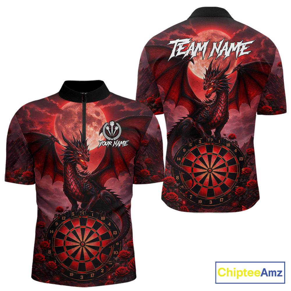 Black And Red Dartboard Roses And Dragon Darts Polo & 1/4 Zip Custom Men's Darts Team Jersey TDM5802