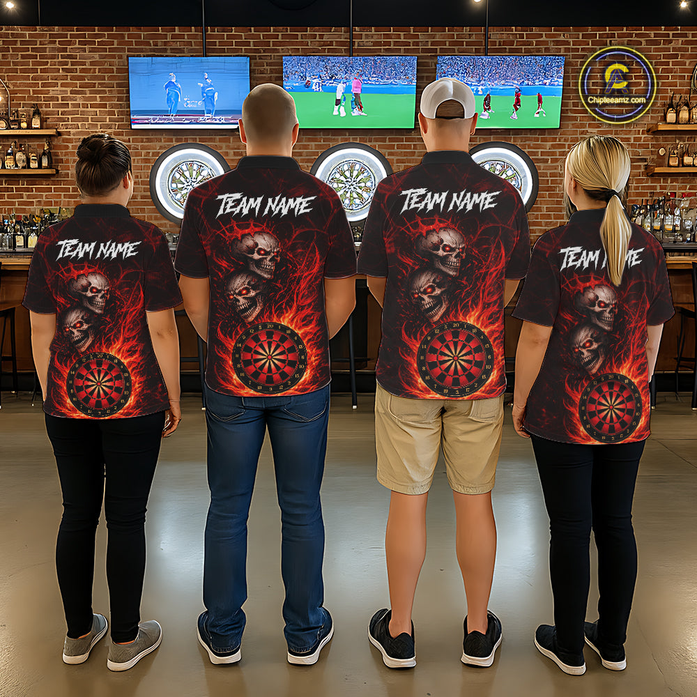 Personalized Red Flaming Skull Darts Polo & 1/4 Zip For Women Custom Fire Darts Team Jersey TDM5806