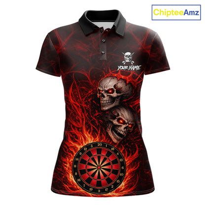 Personalized Red Flaming Skull Darts Polo & 1/4 Zip For Women Custom Fire Darts Team Jersey TDM5806