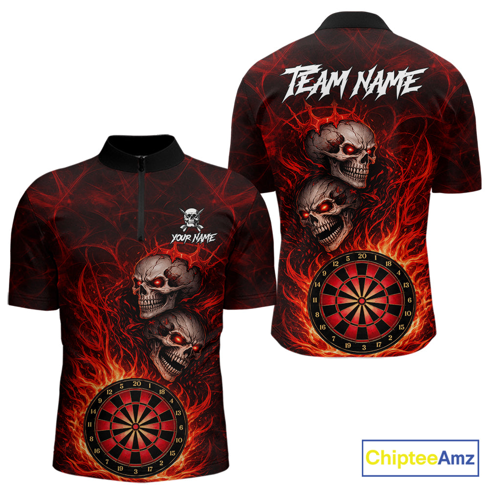 Personalized Red Flaming Skull Darts Polo & 1/4 Zip For Men Custom Fire Darts Team Jersey TDM5806