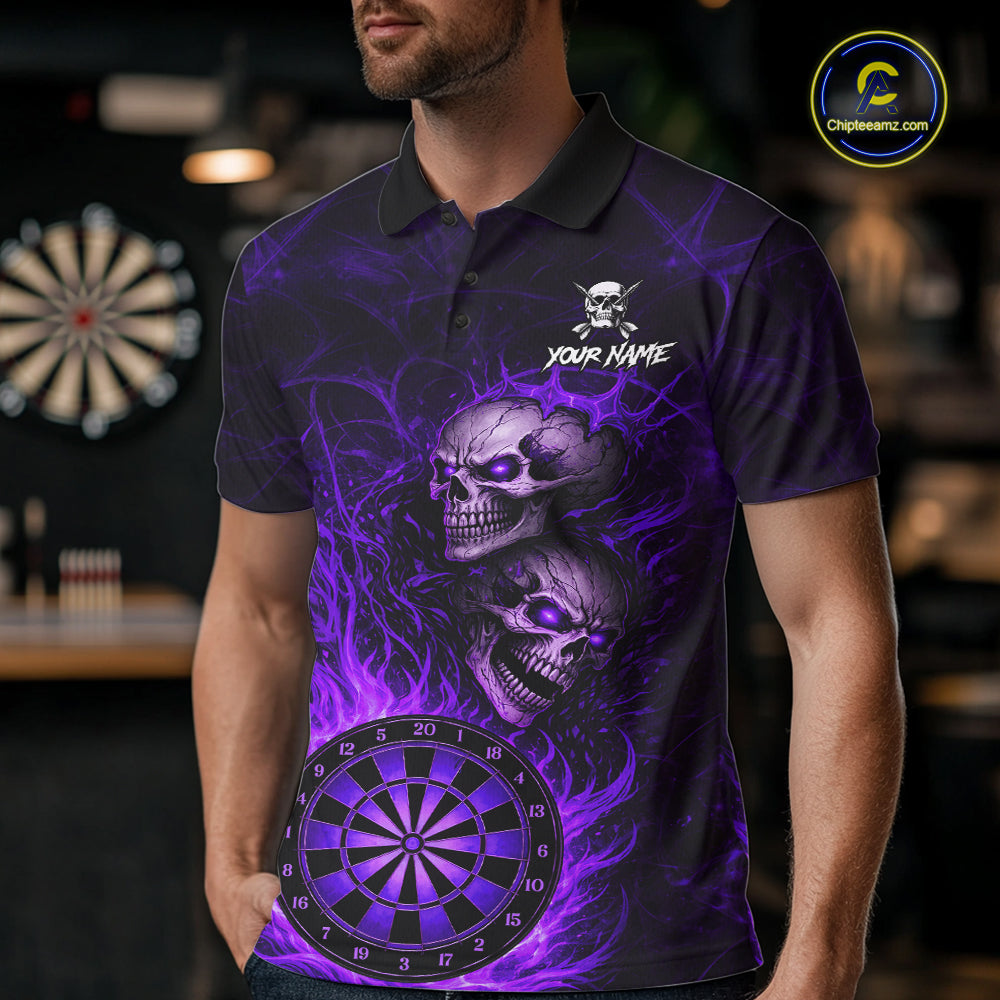 Personalized Purple Flaming Skull Darts Polo & 1/4 Zip For Men Custom Fire Darts Team Jersey TDM5807
