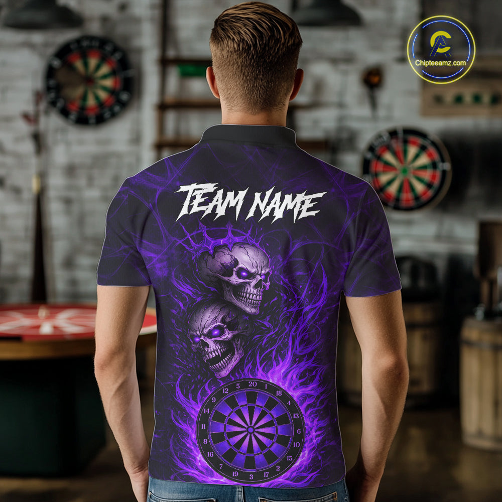 Personalized Purple Flaming Skull Darts Polo & 1/4 Zip For Men Custom Fire Darts Team Jersey TDM5807