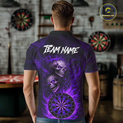 Personalized Purple Flaming Skull Darts Polo & 1/4 Zip For Men Custom Fire Darts Team Jersey TDM5807