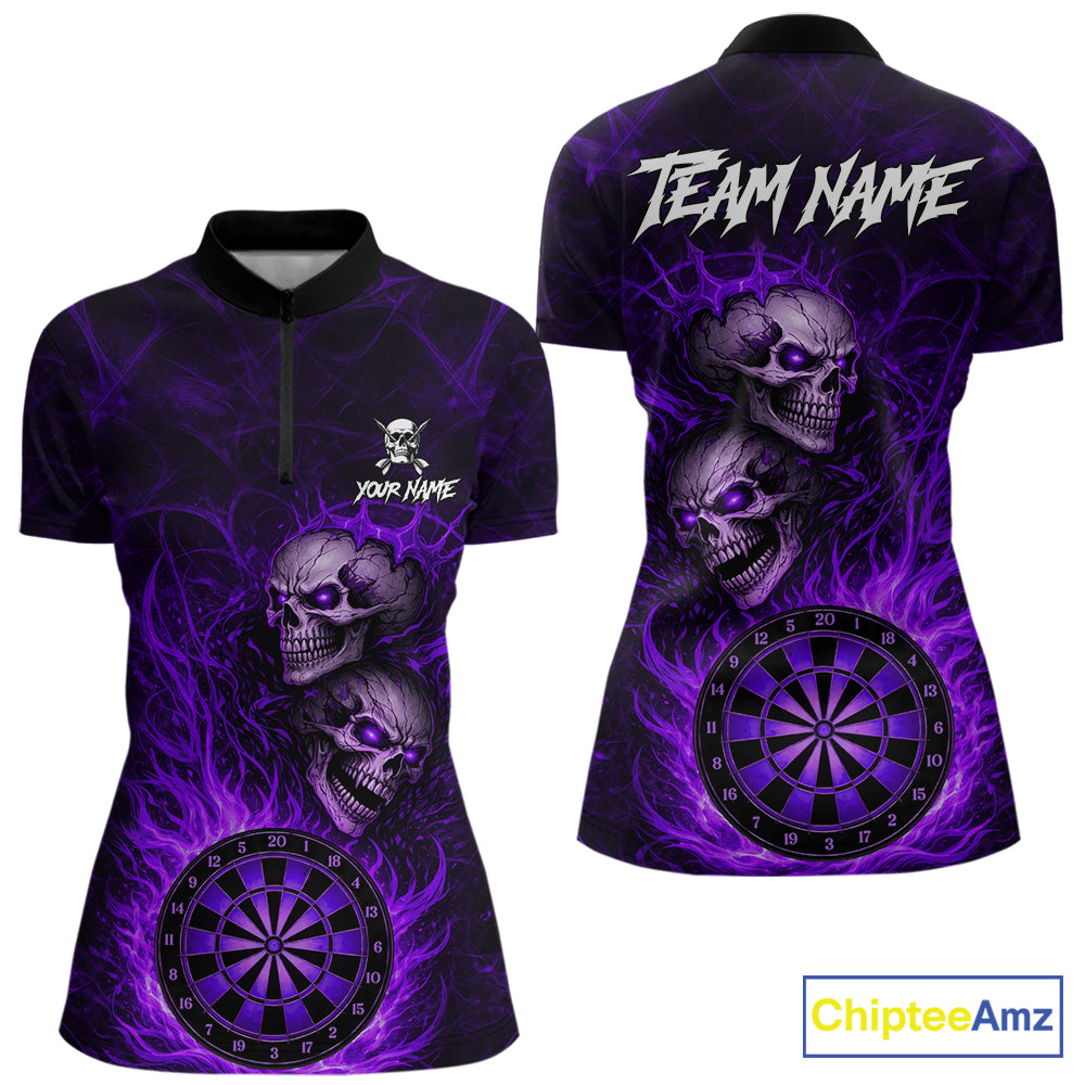 Personalized Purple Flaming Skull Darts Polo & 1/4 Zip For Women Custom Fire Darts Team Jersey TDM5807