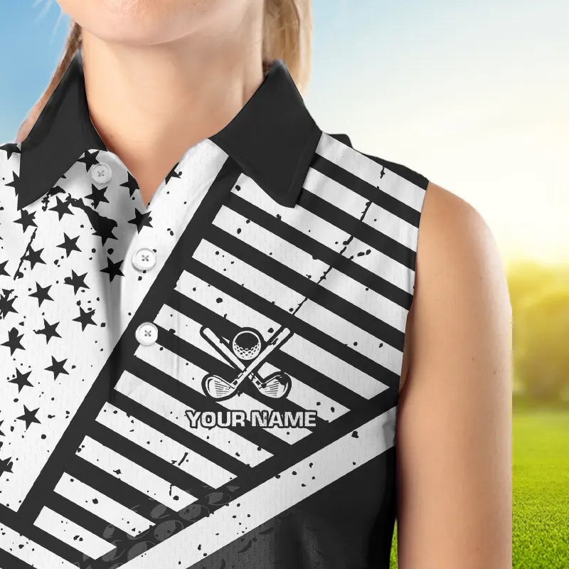 Black and White American Flag Women Sleeveless polo shirt custom patriotic golf apparel team jerseys NQS9605
