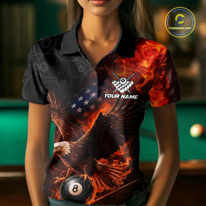 Flaming US Flag Eagle 8 Ball Billiard Shirt For Women Custom Patriotic Pool Jersey Polo & 1/4 Zip TDM6411