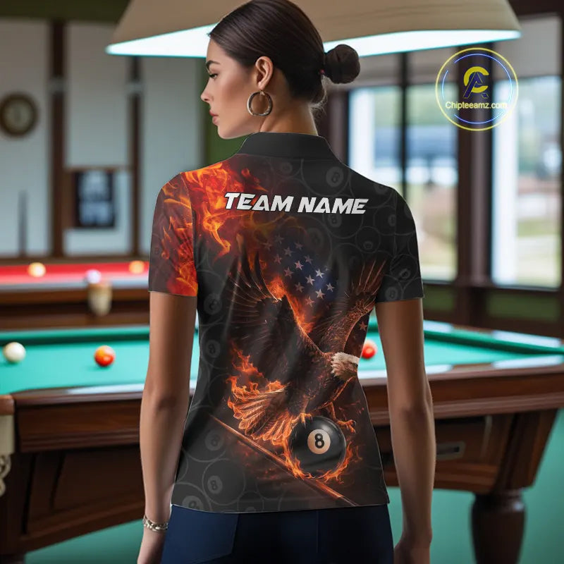 Flaming US Flag Eagle 8 Ball Billiard Shirt For Women Custom Patriotic Pool Jersey Polo & 1/4 Zip TDM6411