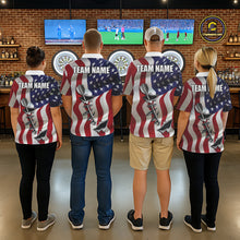 Load image into Gallery viewer, Back view of darts team wearing matching American flag steel tip dart darts shirts.