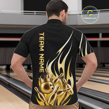 Load image into Gallery viewer, Back view of man wearing a black and gold bowling ball crown quarter zip bowling shirt, bowling league team uniform.
