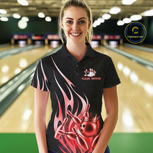 Load image into Gallery viewer, Woman wearing a black and red bowling ball crown bowling polo shirt front view.