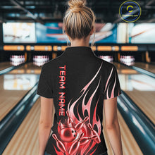 Load image into Gallery viewer, Back view of woman wearing a black and red bowling ball crown bowling polo shirt.