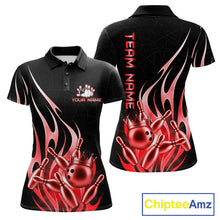 Load image into Gallery viewer, Black and red bowling ball crown bowling team polo shirt for women with flame bowling graphics.
