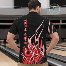 Load image into Gallery viewer, Man wearing a black and red bowling ball crown quarter zip bowling shirt front view, personalized bowling team apparel.