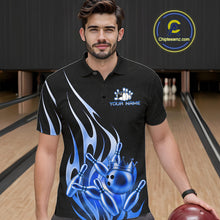 Load image into Gallery viewer, Man wearing a black and blue bowling ball crown bowling polo shirt front view, custom bowling league jersey for men.