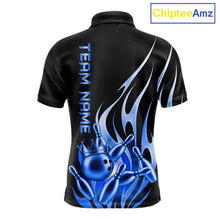 Load image into Gallery viewer, Black and blue bowling ball crown custom bowling polo shirt for men, flame bowling team jersey for tournaments.