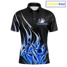 Load image into Gallery viewer, Black and blue bowling ball crown custom bowling polo shirt for men, flame bowling team jersey for tournaments.