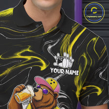 Load image into Gallery viewer, Close up of collar, chest and button details on a funny beer bear men's bowling polo shirt.
