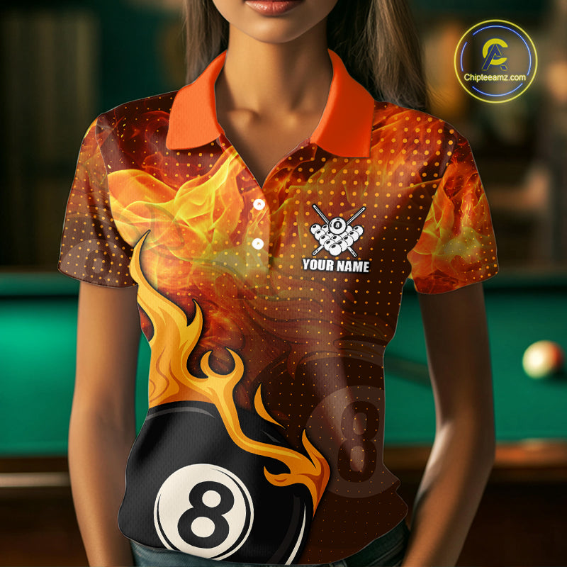 Orange Flaming 8 Ball Pool Billiard Shirt For Women Custom Fire Billiard Jersey Team Polo & 1/4 Zip TDM5316