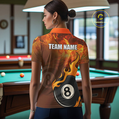 Orange Flaming 8 Ball Pool Billiard Shirt For Women Custom Fire Billiard Jersey Team Polo & 1/4 Zip TDM5316