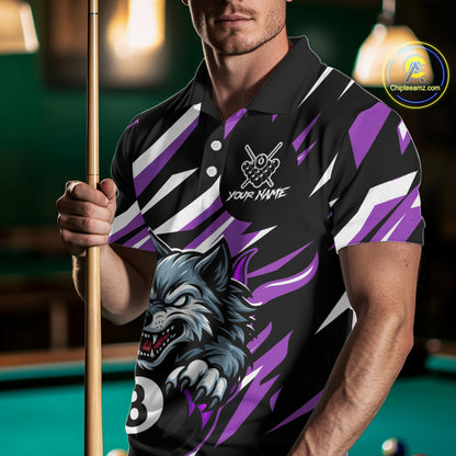 Black And Purple 8 Ball Wolf Billiard Shirt For Men Custom Billiard Jersey, Pool Team Shirt TDM5318