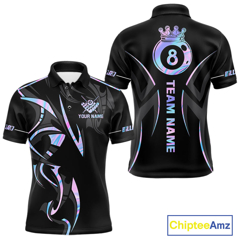 Custom Holographic 8 Ball Crown Billiard Shirts For Men, Pool Team Jersey Polo & 1/4 Zip |Black TDM6191