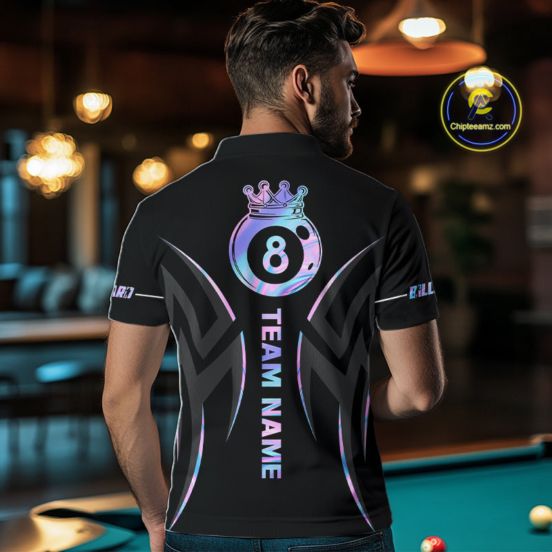 Custom Holographic 8 Ball Crown Billiard Shirts For Men, Pool Team Jersey Polo & 1/4 Zip |Black TDM6191