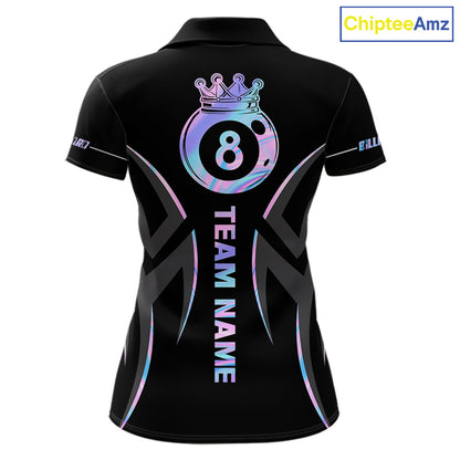 Custom Holographic 8 Ball Crown Billiard Shirts For Women, Pool Team Jersey Polo & 1/4 Zip |Black TDM6191