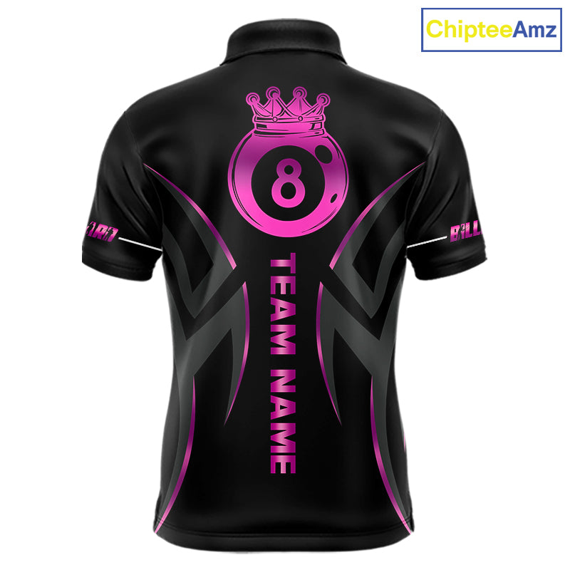 Custom Pink 8 Ball Pool Crown Billiard Shirts For Men, Billiard Team Jersey Polo & 1/4 Zip |Black TDM6193