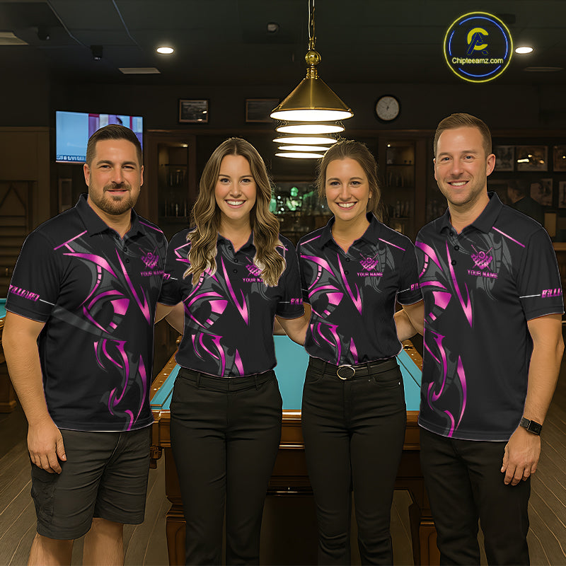 Custom Pink 8 Ball Pool Crown Billiard Shirts For Men, Billiard Team Jersey Polo & 1/4 Zip |Black TDM6193