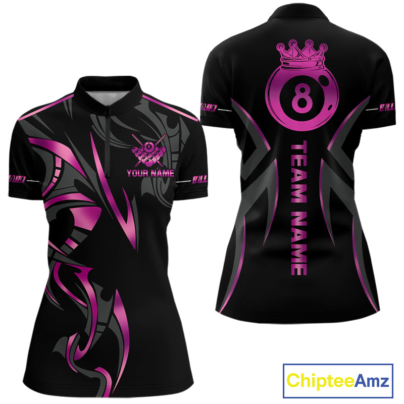 Custom Pink 8 Ball Pool Crown Billiard Shirts For Women, Billiard Team Jersey Polo & 1/4 Zip |Black TDM6193