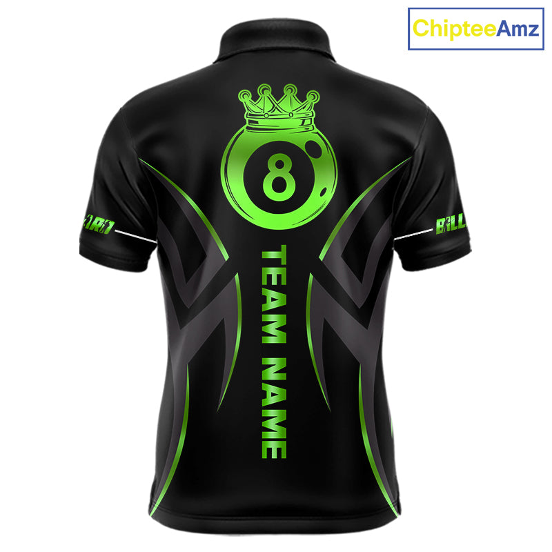 Custom Green 8 Ball Pool Crown Billiard Shirts For Men, Billiard Team Jersey Polo & 1/4 Zip |Black TDM6194