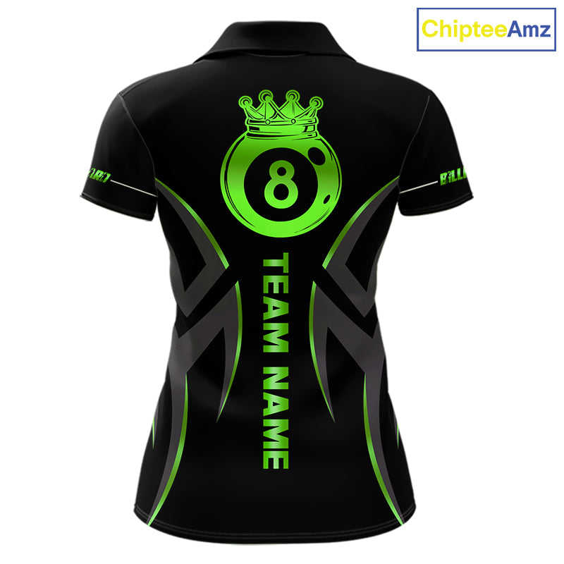 Custom Green 8 Ball Pool Crown Billiard Shirts For Women, Billiard Team Jersey Polo & 1/4 Zip |Black TDM6194