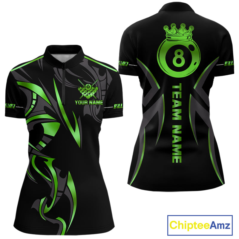 Custom Green 8 Ball Pool Crown Billiard Shirts For Women, Billiard Team Jersey Polo & 1/4 Zip |Black TDM6194