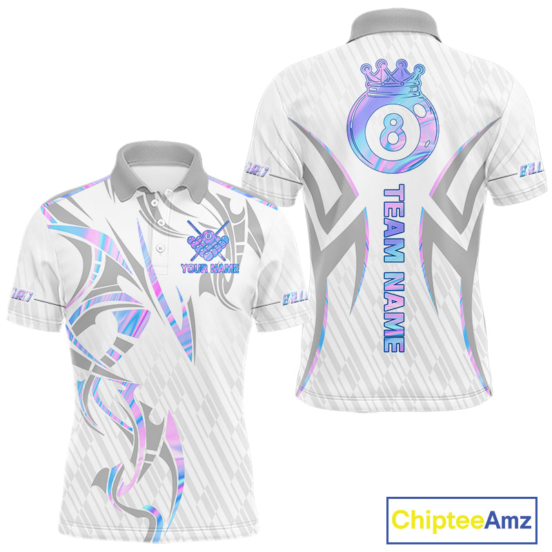 Custom Holographic 8 Ball Crown Billiard Shirts For Men, Pool Team Jersey Polo & 1/4 Zip |White TDM6195